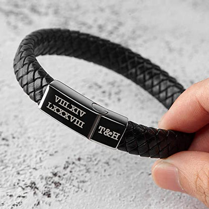 Roman Numerals Engraved Mens Bracelet, Woven Braided Leather Bracelet