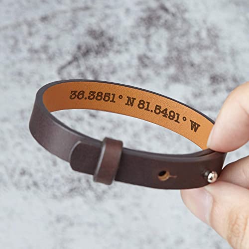 Coordinates Hidden Engraved Leather Bracelet, Anniversary Gift for Him