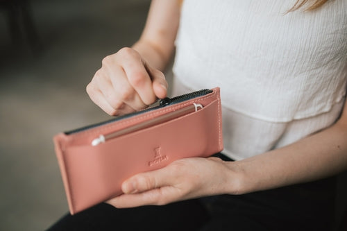 Womens Cute Leather Wallet, Personalized Pink Envelope Pouch